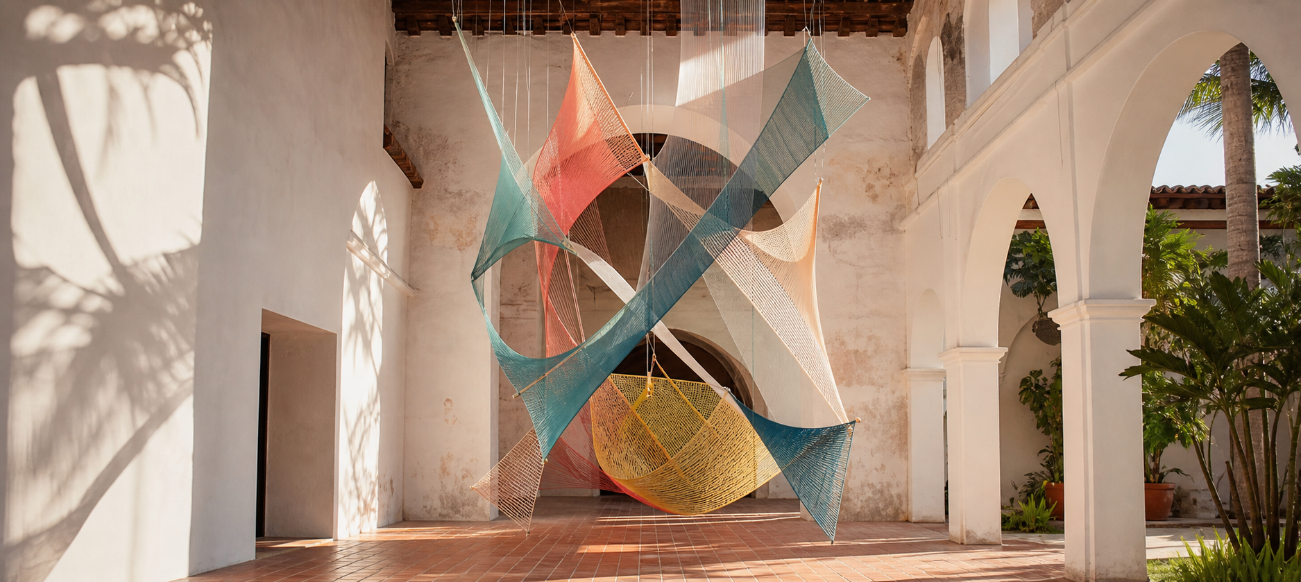 Instalación de arte contemporáneo en un patio patrimonial de Santa Cruz